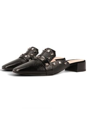 Lodi Black Patent Leather Studded Slip-On Mules